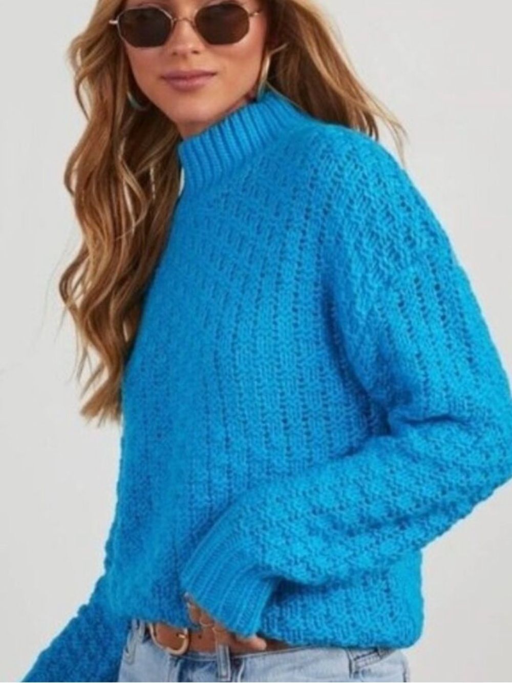 VICI X FATE WOMENS MOCK NECK KERRI SWEATER AQUA BLUE LARGE NEW WITH TAGS